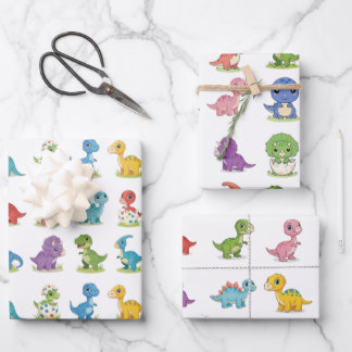 3 Süße farbenfrohe Dino-Muster-Geburtstags-Geschen Geschenkpapier Set