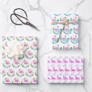 3 Tropisch rosa Flamingo-Muster Geschenkpapier Set