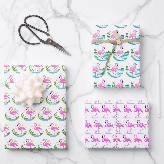 3 Tropisch rosa Flamingo-Muster Geschenkpapier Set (Vorderseite)