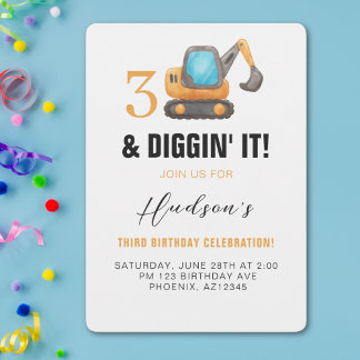 3 und Diggin" IT | Bauthema 3. Geburtstag Einladung