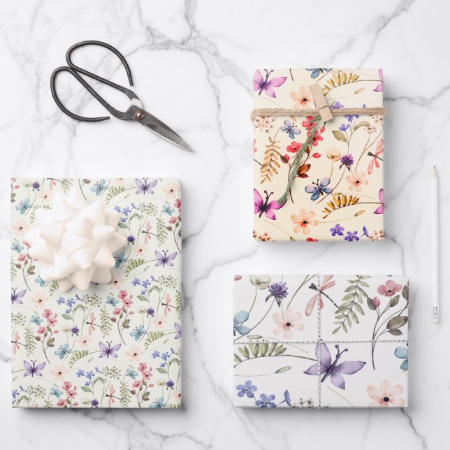 3 Variationen Wildblume nahtlose Muster Geschenkpapier Set (Vorderseite)