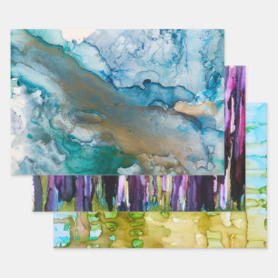 3 Verschiedene alkoholfarbene Bilder Geschenkpapier Set