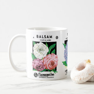 3 verschiedene Vintage-Samenpaket-Label-Kunst-Blum Tasse