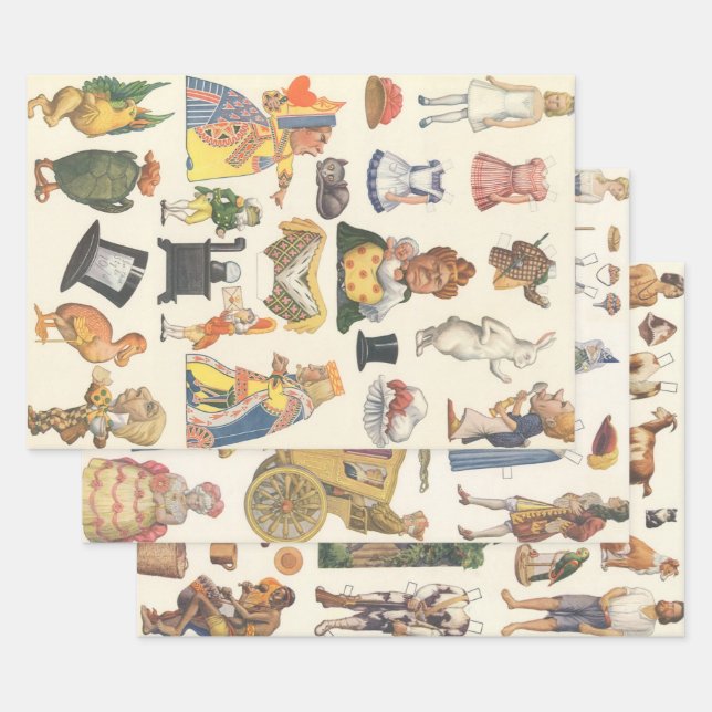 3 Verschiedene Vintage Viktorianische Papierpuppen Geschenkpapier Set (Set)