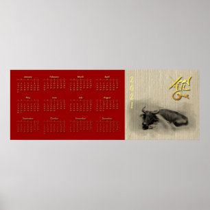 3 Wasserbüffel Chinesischer Ochse Neujahrskalender Poster