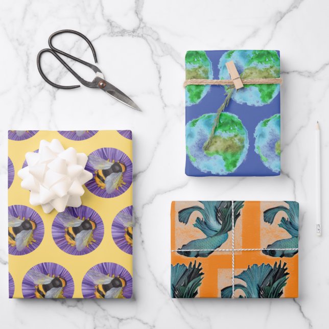 3 Wasserfarben Hummel Erde Betta Fisch Geschenkpapier Set (Vorderseite)