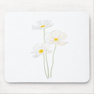 3 weiße Cosmos-Blüten Tinte und Aquarell Mousepad