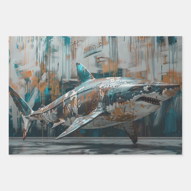 3 Whimsical Graffiti Sharks Decoupage Geschenkpapier Set (Vorderseite 3)