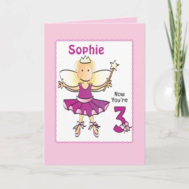 3 Year Old Cute Ballerina Cartoon Pink Birthday   Karte (Vorderseite)
