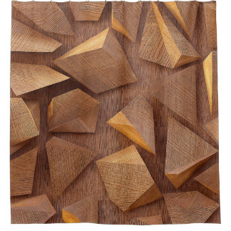 3d Abbildung. Holzdreiecke im Hintergrund  Duschvorhang