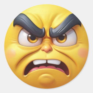 3D Angry Yellow Emoji Runder Aufkleber