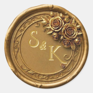 3D Antik-Gold-Wachssiegel-Rosen-Hochzeitsmonogramm Runder Aufkleber