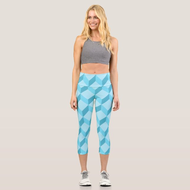 3D Aqua Blue Cubes Geometric Capri Leggings (Vorderseite)