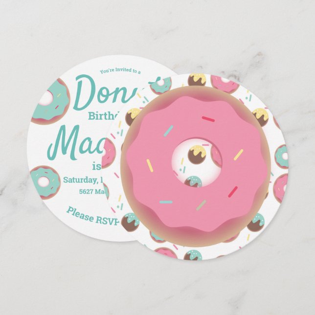 3D Aquamarin und rosa Donut Sprinkle Mix Runde Einladung (Vorne/Hinten)