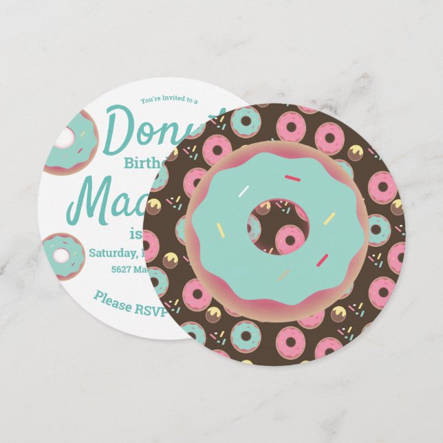 3D Aquamarin und rosa Donut Sprinkle Mix Runde Einladung (Vorne/Hinten)