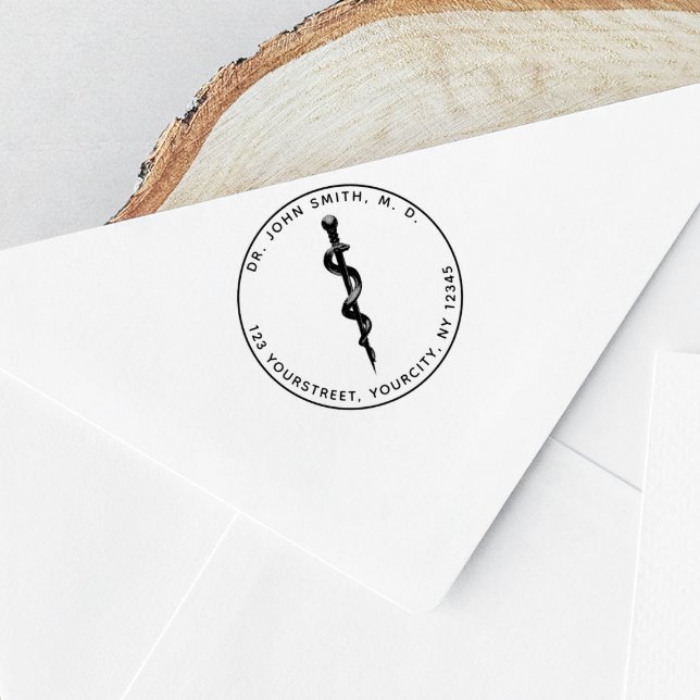 3D-Asclepius-Symbol Runde Rücksendeadresse Gummistempel (Von Creator hochgeladen)