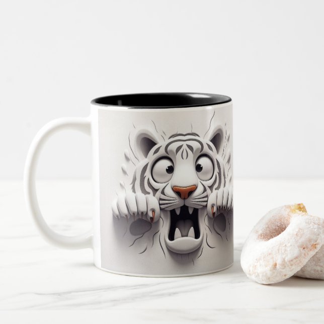 3D beängstigende weiße Tiger Funny Animals Zweifarbige Tasse (Mit Donut)