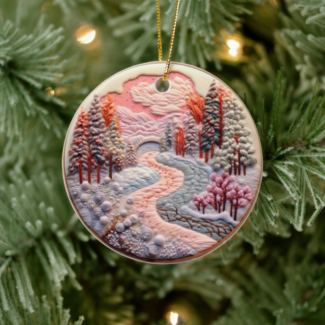 3D bestickte Ausblick Winterwaldlandschaft Keramik Ornament (Baum)