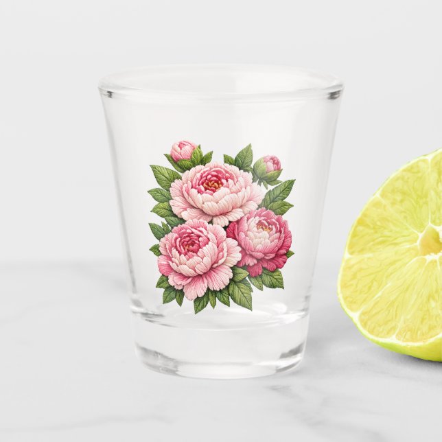 3D-Bestickte-Pfingstrosen-Illustration Schnapsglas (Vorderseite)