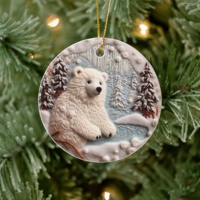 3D bestickter Look Polar Bären Weihnachten Keramik Ornament (Baum)