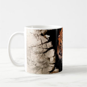 3D-Bild-Tiger taucht aus der zerstörten Wand auf Kaffeetasse