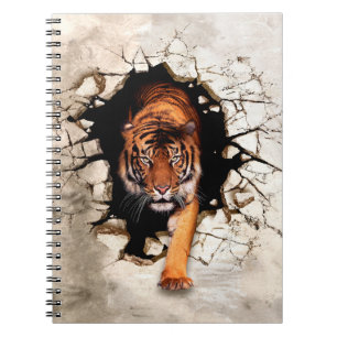 3D-Bild-Tiger taucht aus der zerstörten Wand auf Notizblock