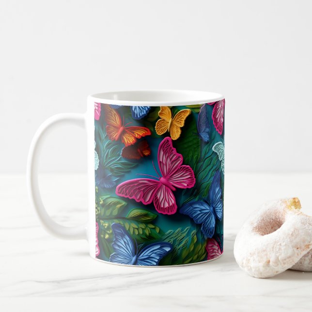 3D Blickende, leuchtend farbige Schmetterlinge Kaffeetasse (Mit Donut)
