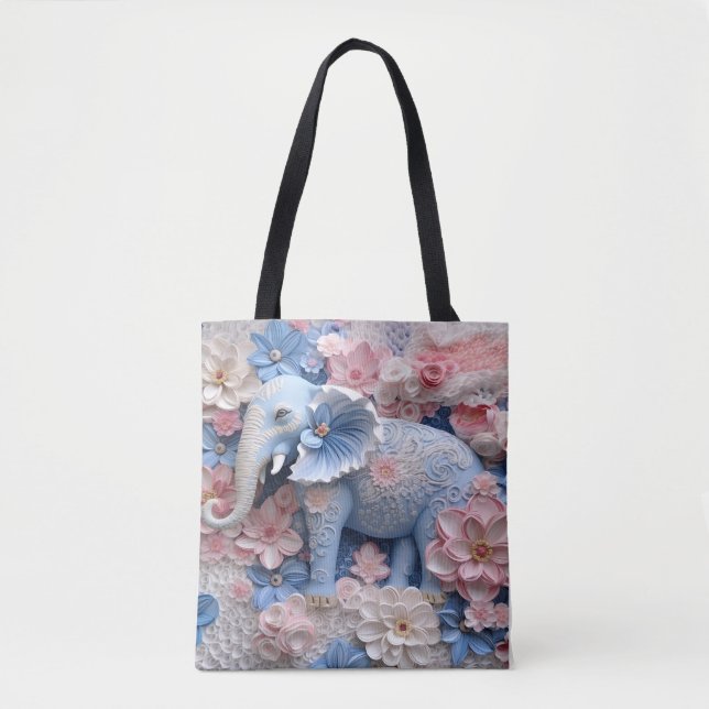 3D Blue Elephant Tasche Canvas Beutel mit Blume (Vorderseite)