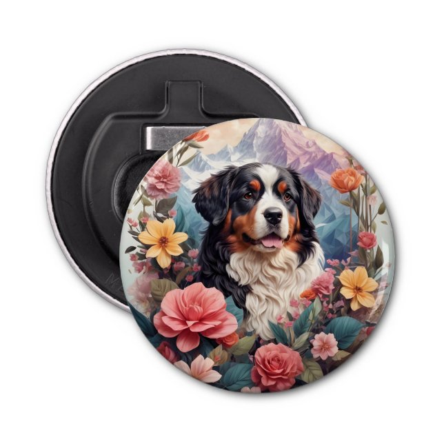 3D Blumenfantasy Bernese Mountain Dog Birds View Flaschenöffner (Vorderseite)
