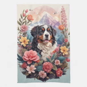 3D Blumenfantasy Bernese Mountain Dog Birds View Geschirrtuch