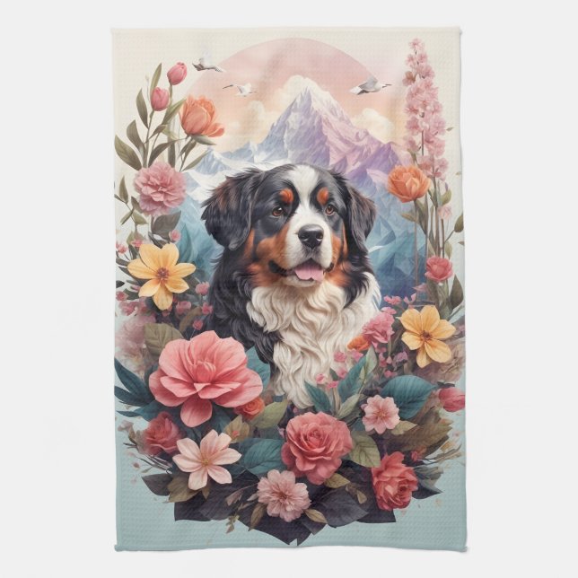 3D Blumenfantasy Bernese Mountain Dog Birds View Geschirrtuch (Vertikal)