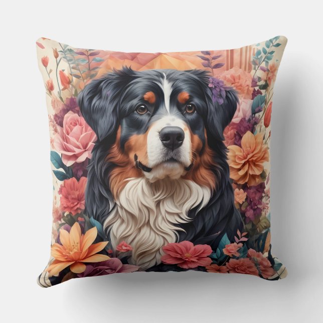 3D Blumenfantasy Bernese Mountain Dog Birds View Kissen (Rückseite)
