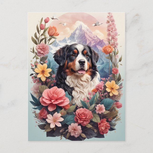 3D Blumenfantasy Bernese Mountain Dog Birds View Postkarte (Vorderseite)