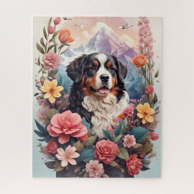 3D Blumenfantasy Bernese Mountain Dog Birds View Puzzle (Vertikal)