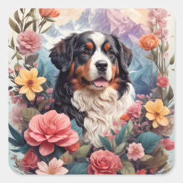 3D Blumenfantasy Bernese Mountain Dog Birds View Quadratischer Aufkleber