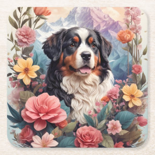 3D Blumenfantasy Bernese Mountain Dog Birds View Rechteckiger Pappuntersetzer