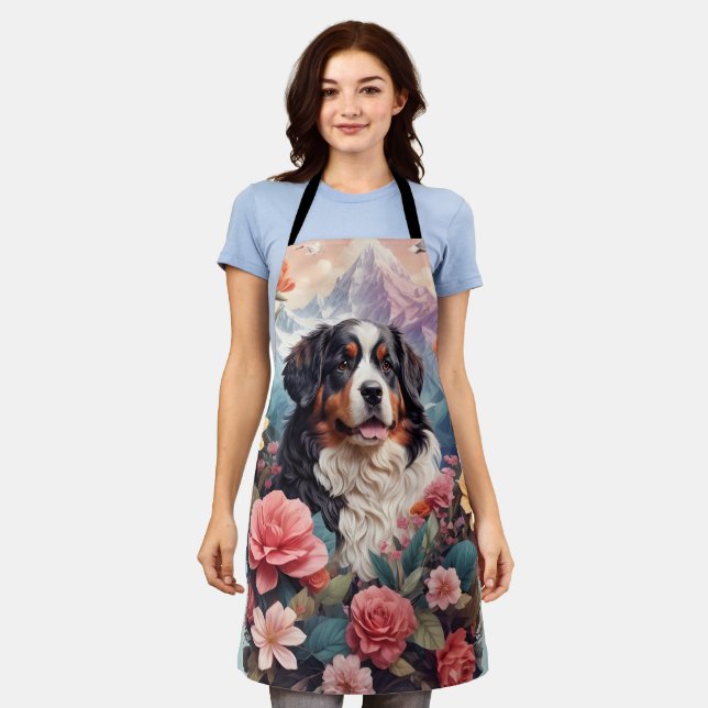 3D Blumenfantasy Bernese Mountain Dog Birds View Schürze (Getragen)