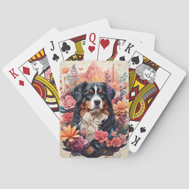 3D Blumenfantasy Bernese Mountain Dog Birds View Spielkarten (Rückseite)