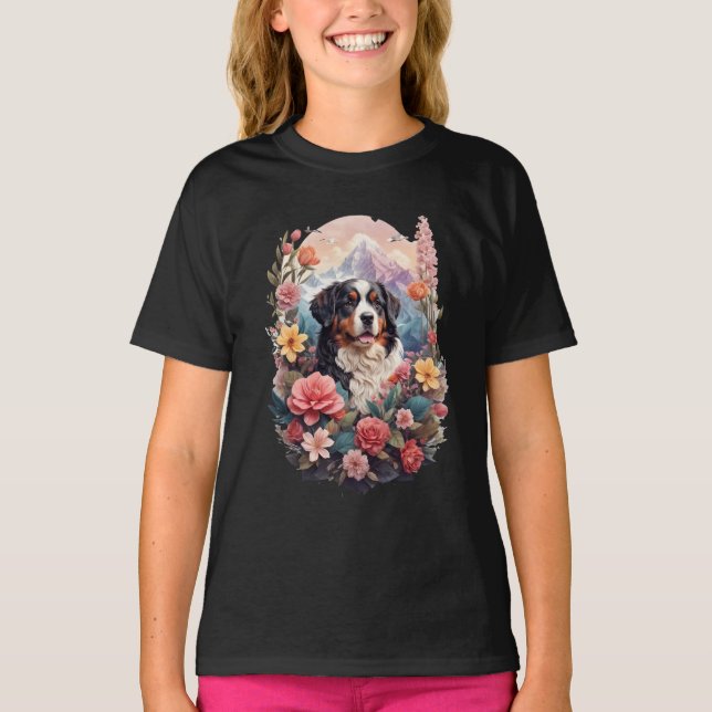3D Blumenfantasy Bernese Mountain Dog Birds View T-Shirt (Vorderseite)