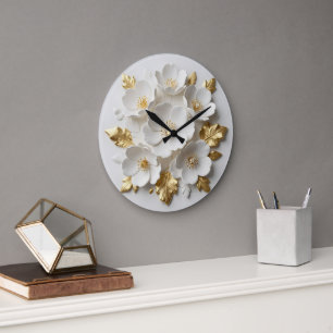 3D-blumengeschmückte weiße Blumen und goldene Blät Große Wanduhr