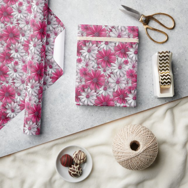 3D-Blumenmuster mit Hot Pink und White Blocks Geschenkpapier (Kunsthandwerk)