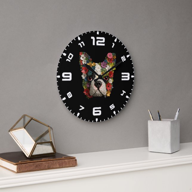 3D Boston Terrier Floral Große Wanduhr (Büro)