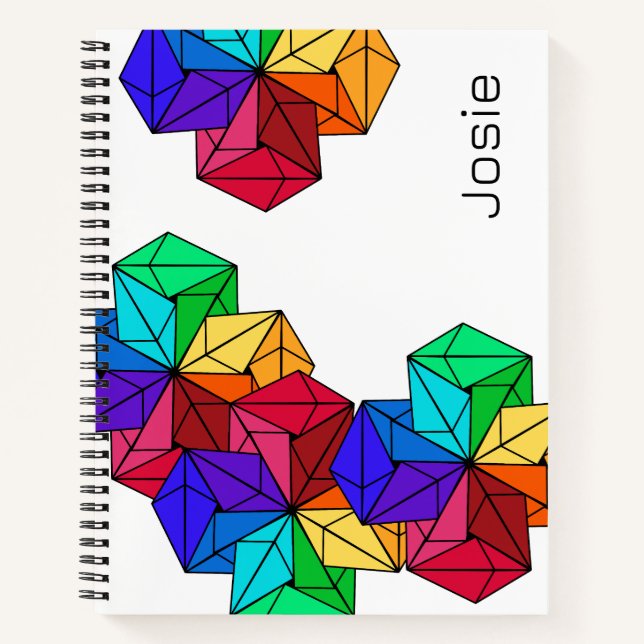3D Bright Rainbow Random Cubes auf weißem Namen Notizbuch (Vorderseite)