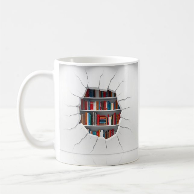 3D-Bücher erscheinen durch durchbrechendes Lochdes Kaffeetasse (Links)