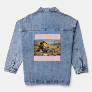 3D-Cartoon-Löwe frisst Zebra – wilde Savannah-Szen Jeansjacke