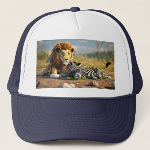 3D-Cartoon-Löwe frisst Zebra – wilde Savannah-Szen Truckerkappe