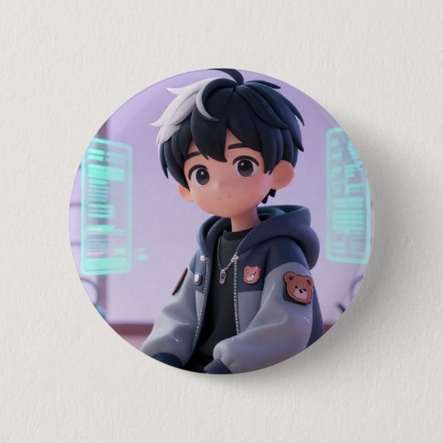 3D Chibi-Gamer-Junge Holografisches Techwear-Zubeh Button (Vorderseite)