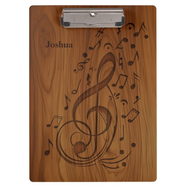 3D Debossed Clef Musical Notes on Wood Klemmbrett (Vorderseite)