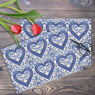 3D Delft Tile Look Romantische Herzen - Blau auf C Seidenpapier