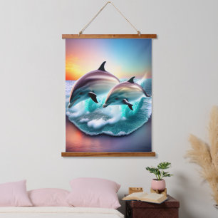 3D Delphine Ocean Sunset Tropical Beach Vibe Wandteppich Mit Holzrahmen
